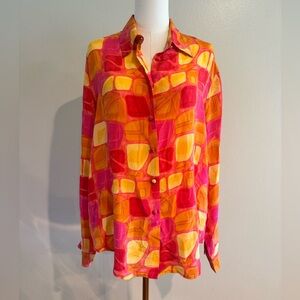 Vintage 90s Robbie Bee Pink Orange Yellow Geometric Button-Down Shirt 100% Silk